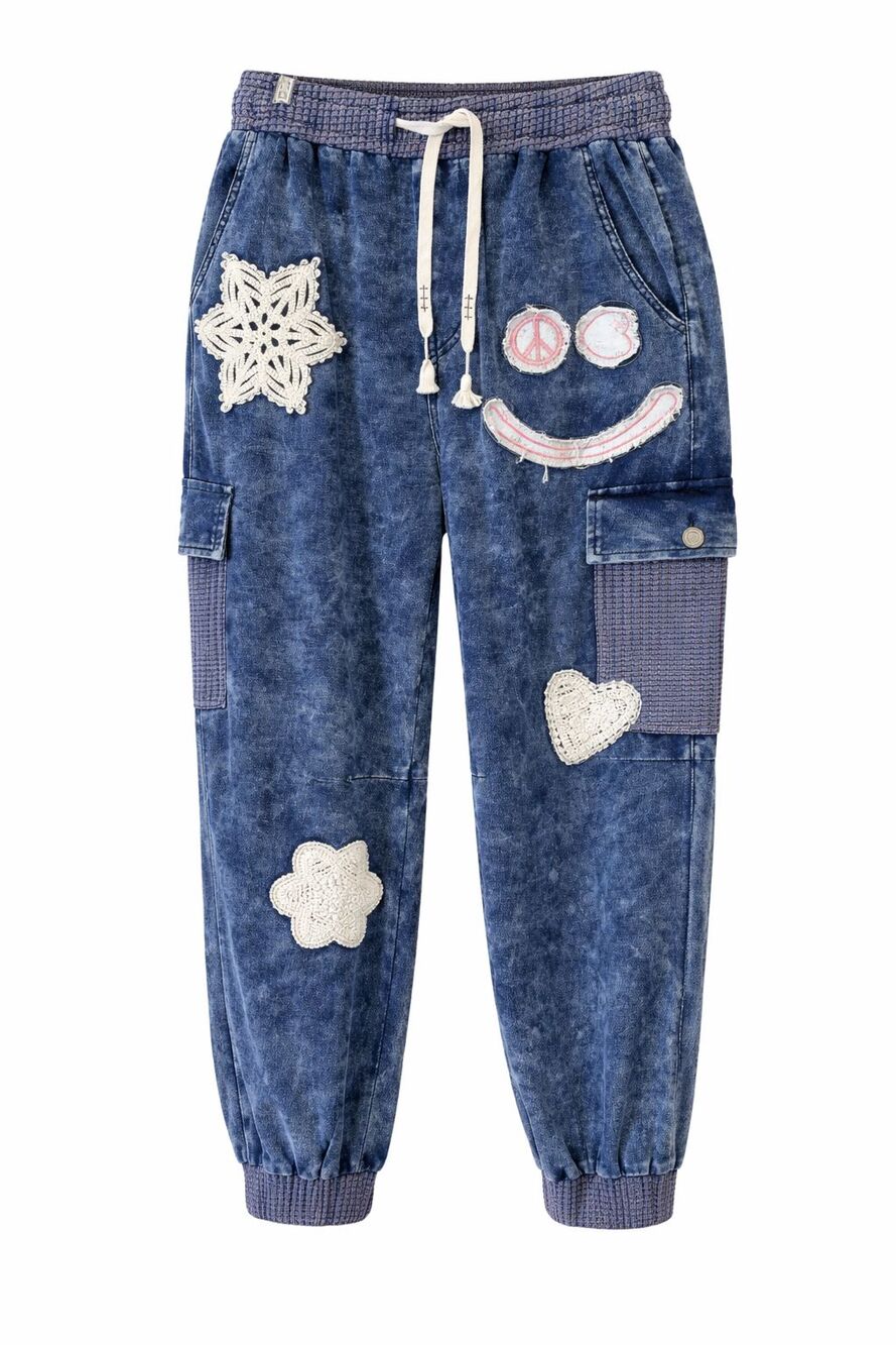 POL Small Oversized Patchwork Jogger Pants Boho Smiley Crochet